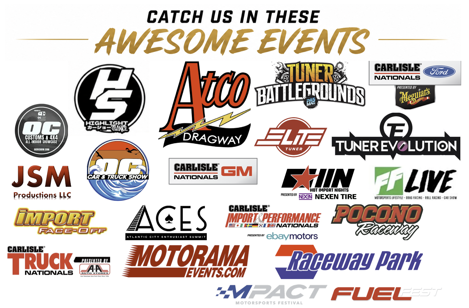 TeamC4 event lineup — Highlight Stance, Atco Dragway, Tuner Battlegrounds, Carlisle Nationals, Tuner Evolution, Hot Import Nights, FF Live, Import Face-Off, ACES, Pocono Raceway, Motorama, Raceway Park, Mpact, FuelFest and more